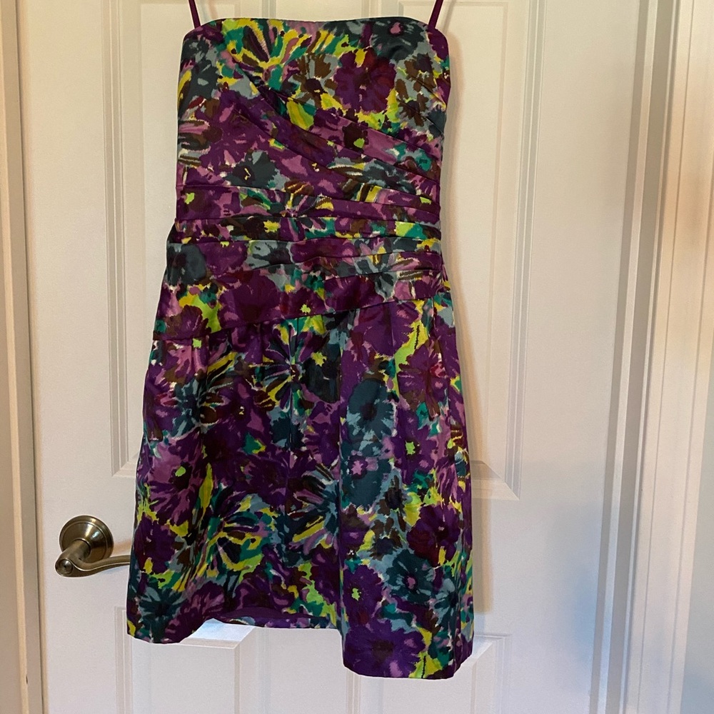 BCBG strapless purple, green floral dress